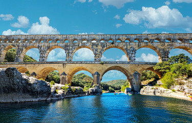 The Pont du Gard is an ancient Roman aqueduct, that is depicted  on five euro note. Summer 2022.