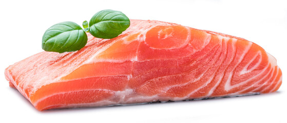 Fresh raw salmon fillet decorated with fresh basil.