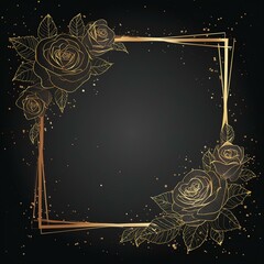 Gold frame with roses on a black background. Elegant background with space for text