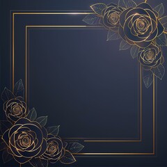 Gold frame with golden roses on a navy blue background. Elegant background with space for text