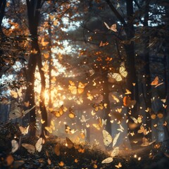 A forest where the leaves turn into butterflies at night.