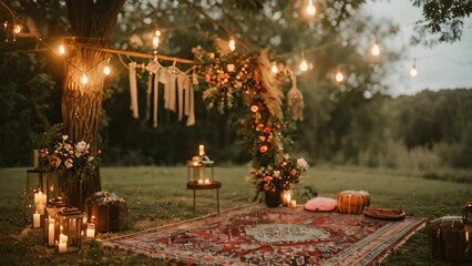 Setting for outdoor wedding featuring candles and a rug in a bohemian style, A bohemian outdoor celebration with eclectic rugs, hanging macrame and cozy lanterns