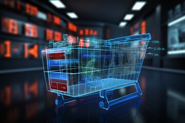 Smart shopping carts, smart gadgets for the supermarket, technological innovative gadgets for selling and counting products. Concept: stores without cashiers and salespeople.