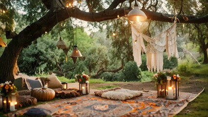 An outdoor space decorated with a colorful rug, cozy pillows, and flickering lanterns, A bohemian outdoor celebration with eclectic rugs, hanging macrame and cozy lanterns