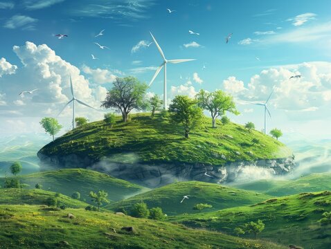 Green rolling hills with white clouds and blue sky