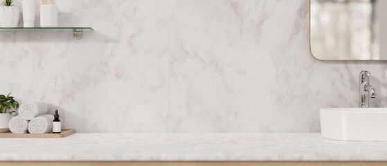 A modern, luxurious white marble bathroom countertop features a sink, a mirror, a toiletry set.