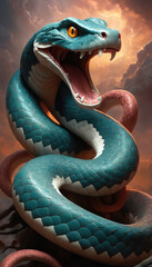 Fototapeta premium Fantasy Illustration of a wild snake. Digital art style wallpaper background.