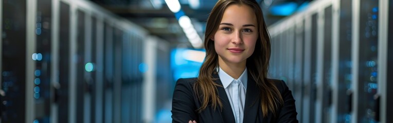 A professional woman in a business suit stands confidently in a server room, surrounded by technology equipment