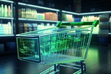 Smart shopping carts, smart gadgets for the supermarket, technological innovative gadgets for selling and counting products. Concept: stores without cashiers and salespeople.