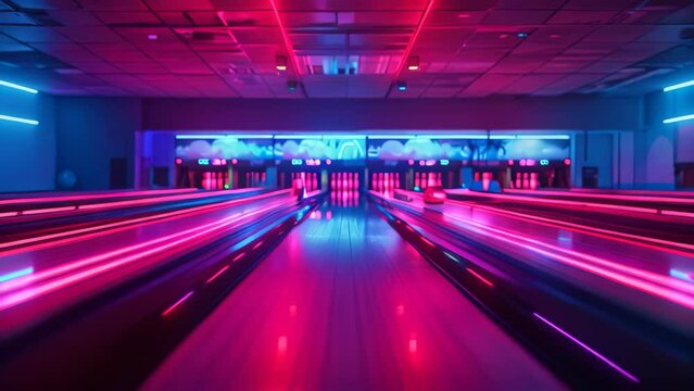 Bowling balls roll down a neon-lit alley in a bustling bowling alley, A bowling lane with glowing neon lights