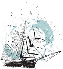 Hand-drawn sailboat illustration with ink splash background, elegant sailboat vector