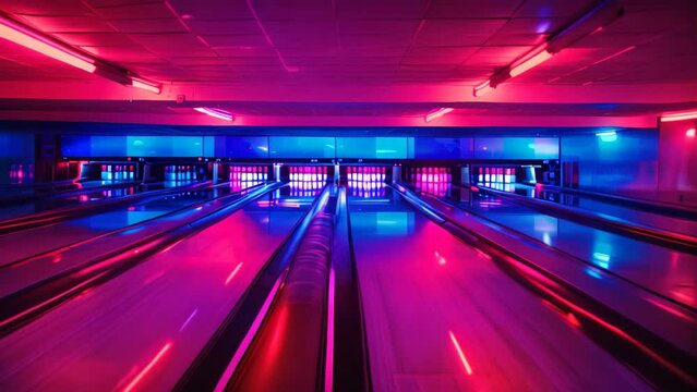 A bowling alley filled with neon lights and rows of bowling pins ready for a game, A bowling lane with glowing neon lights