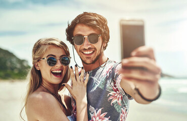 Happy, couple and selfie for marriage with engagement ring in hug on romantic, travel and vacation....