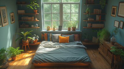 A bedroom with a bed, a window, and a lot of plants