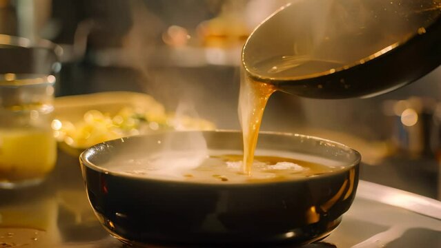 A person carefully pours steaming broth from a pot into a bowl placed on a stovetop, A bowl of steaming broth is carefully poured into a serving bowl, ready to be enjoyed