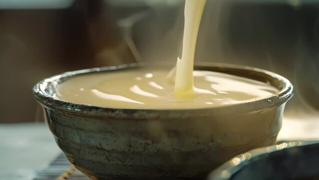 Hot soup being poured into a bowl, steam rising, A bowl of steaming broth is carefully poured into a serving bowl, ready to be enjoyed