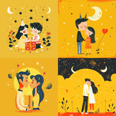 Whimsical romantic illustrations featuring couples, moonlit nights, gifts, and starry skies in a dreamy and artistic style, perfect for love, celebrations, and magical moments.