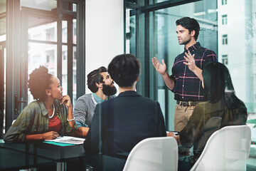 Meeting, presentation and discussion with people in office for business proposal, b2b ideas and pitch. Employees, communication and presenter with consulting for partnership, growth and negotiation