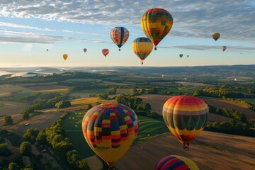 A group of colorful hot air balloons floating peacefully over rolling countryside