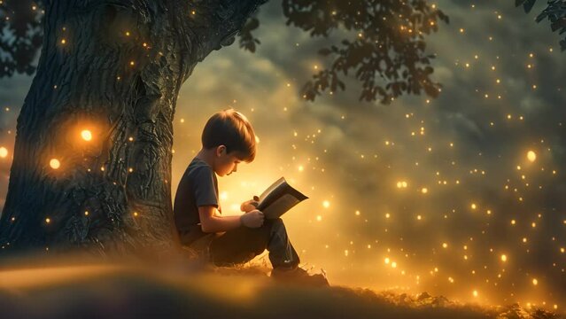 A boy engrossed in reading, seated beneath a tree, turning pages of a book in a peaceful outdoor setting, A boy reading a book under a tree, absorbed in the story