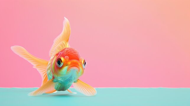 Playful goldfish peeking over colorful background, creative animal concept on soft pastel background.