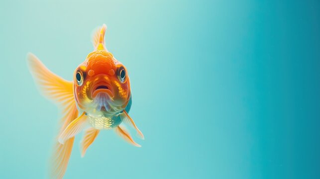 Playful goldfish peeking over colorful background, creative animal concept on soft pastel background.