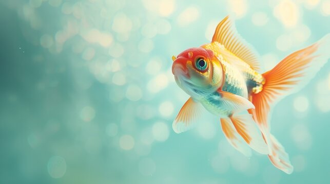 Playful goldfish peeking over colorful background, creative animal concept on soft pastel background.