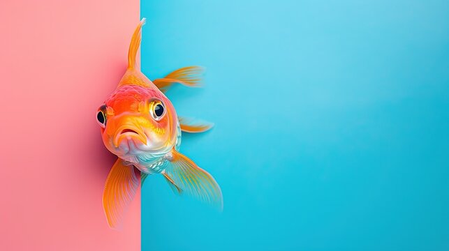 Playful goldfish peeking over colorful background, creative animal concept on soft pastel background.