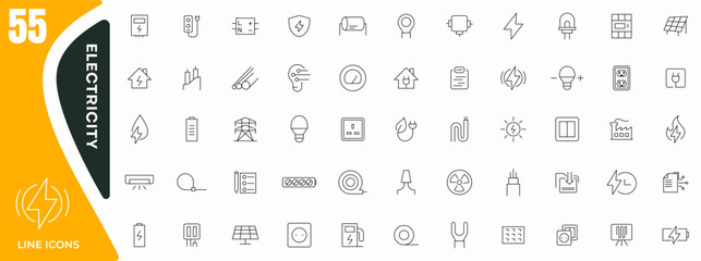 Electricity, electrical energy line icons set. Electricity, electric power line, light, light bulb and electrical equipment outline icon collection. Thin outline icons pack