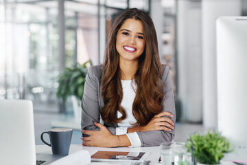 Business, woman and portrait in office with technology for work in receptionist internship, happy and appointment planning. Administrative assistant, confident and job for professional development.