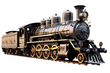 Obraz premium Nostalgic Journey: Vintage Steam Engine Chugging Along the Tracks on White or PNG Transparent Background.