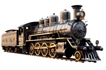 Nostalgic Journey: Vintage Steam Engine Chugging Along the Tracks on White or PNG Transparent Background.