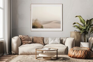 Modern minimalistic living room in a bohemian, scandinavian, nordic style. Mockup with a wall frame poster background. Interior design inspiration for a magazine, decoration, furniture concept.