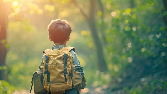 A young boy with a backpack exploring the forest on foot, A boy with a backpack, ready for a new adventure