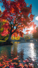 Picturesque Autumn Scenery: Majestic Tree by Serene Lake with Arched Bridge