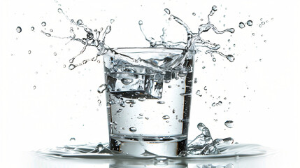 Glass of clean water with splash on white background -