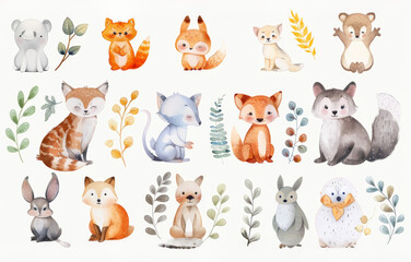 Whimsical and cute animals adorable and imaginative animal characters charming playful designs watercolor hand drawings pastel colors stickers size A4 ready for print solid white background