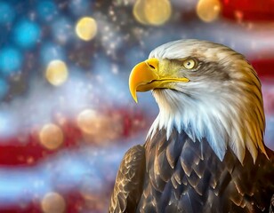 Obraz premium proud bald eagle with out of focus American flag behind and bokeh,poster design for 4th of July celebration or party