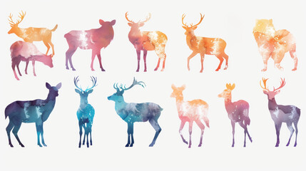 Set of animals silhouettes on a white background, watercolor style, Vector illustration, 8k, highly details