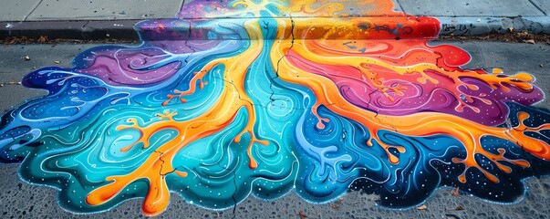 A colorful chalk drawing of a rainbow river flowing down a city street.