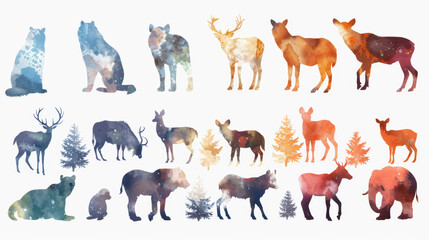 Set of animals silhouettes on a white background, watercolor style, Vector illustration, 8k, highly details