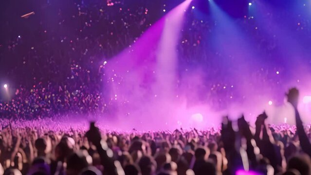 A vibrant crowd at a concert enthusiastically revels amidst a deluge of confetti and streamers, A burst of confetti rains down on the ecstatic audience, adding to the festive atmosphere