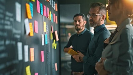 Group of people in business attire standing around a board covered in sticky notes, engaged in a brainstorming session, A businessman brainstorming with colleagues in a creative session - Powered by Adobe