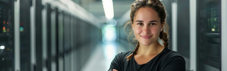 A Hispanic woman IT worker standing confidently with her arms crossed in a server room