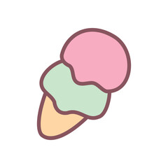 Cute ice-cream icon. Hand drawn illustration of a waffle cone with pink and green ice cream isolated on a white background. Kawaii sticker. Vector 10 EPS.