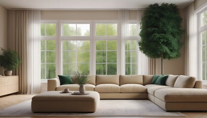 Beige corner white sofa against big windows with round coffee table. 