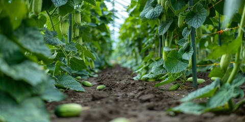 A scenic view of an organic cucumber farm with rows of trellised plants.
