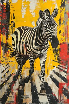 A stylish zebra crossing a city street, blended into a pop art collage