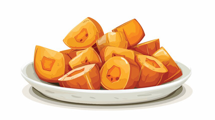 Plate with baked pumpkin pieces on white background Vector