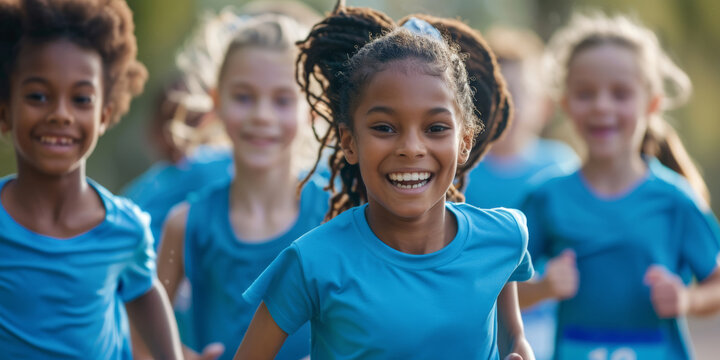 Afro American girl runs ahead of the group of happy children running in a race for charity, banner